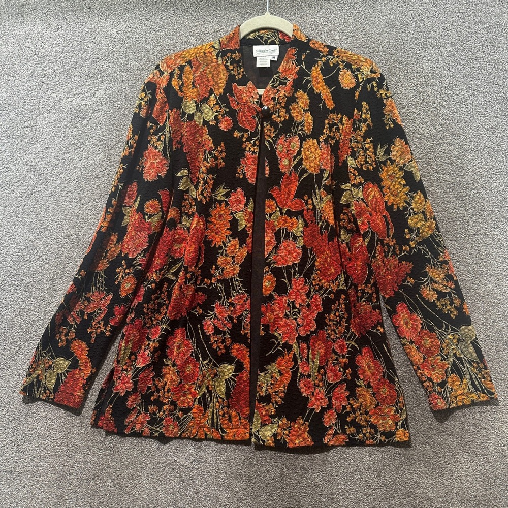 Coldwater Creek Womens M Floral Brocade Open Front Cardigan Jacket Black Orange
